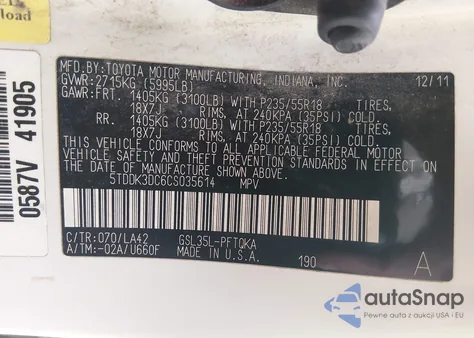 2012 Toyota Sienna Limited 7 Passenger from USA, damaged, VIN 5TDDK3DC6CS035614